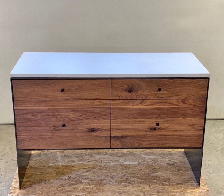 Concrete, steel and walnut credenza